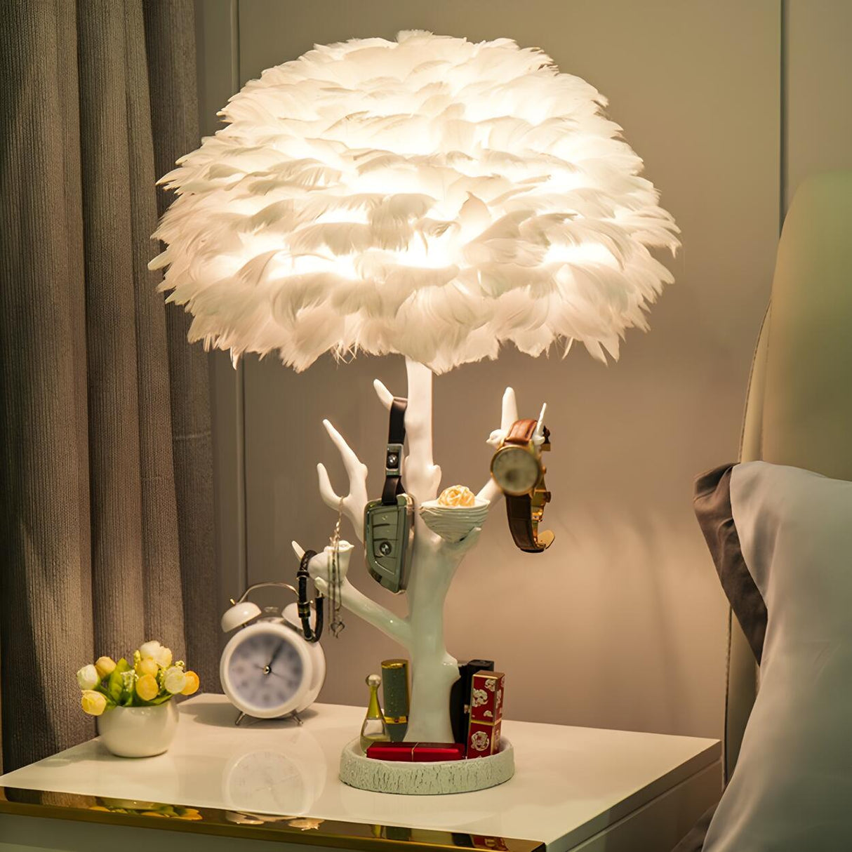 Artistic White Feather Shade Tree Branch Table Lamp Image - 1