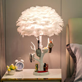 Artistic White Feather Shade Tree Branch Table Lamp Image - 2