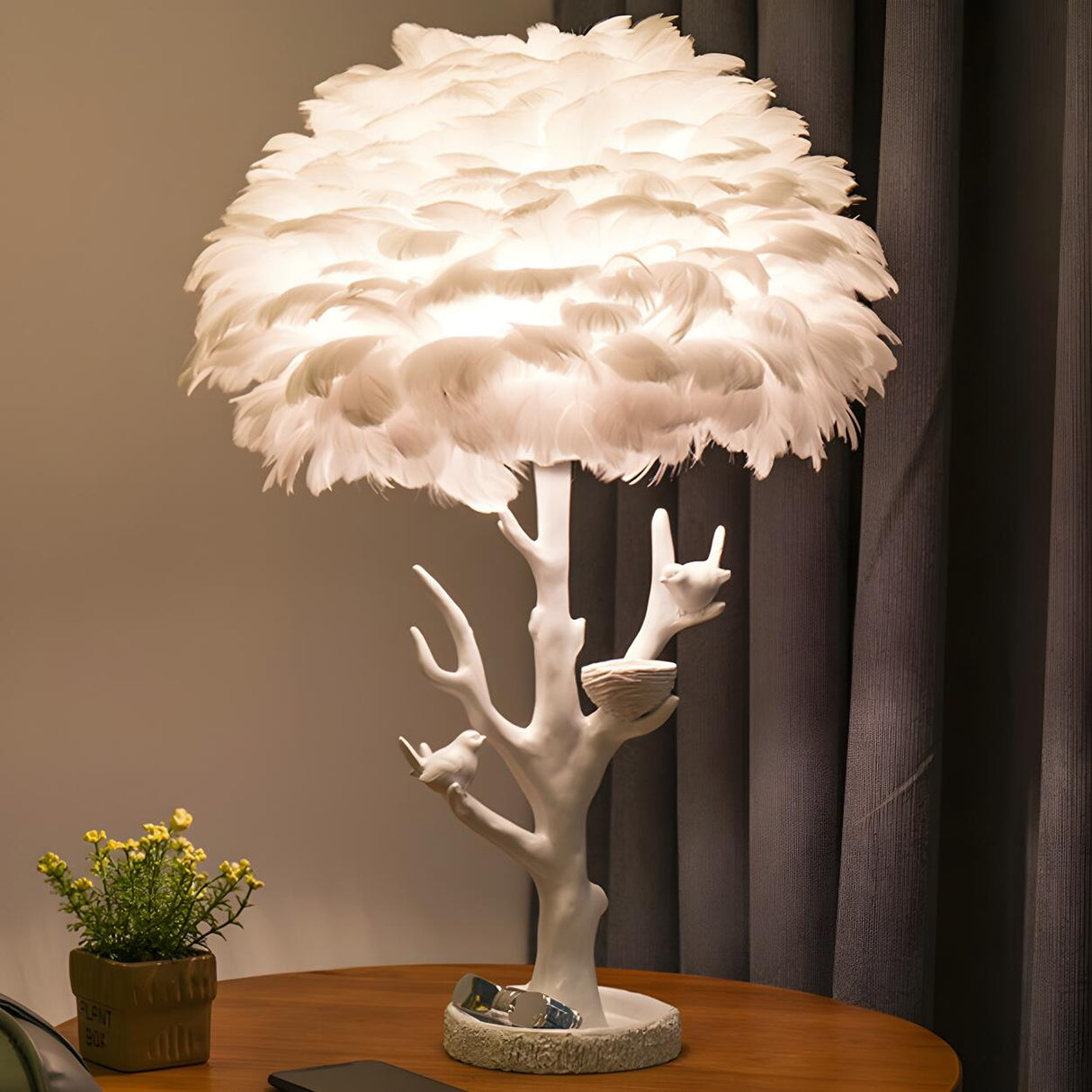 Artistic White Feather Shade Tree Branch Table Lamp Image - 3