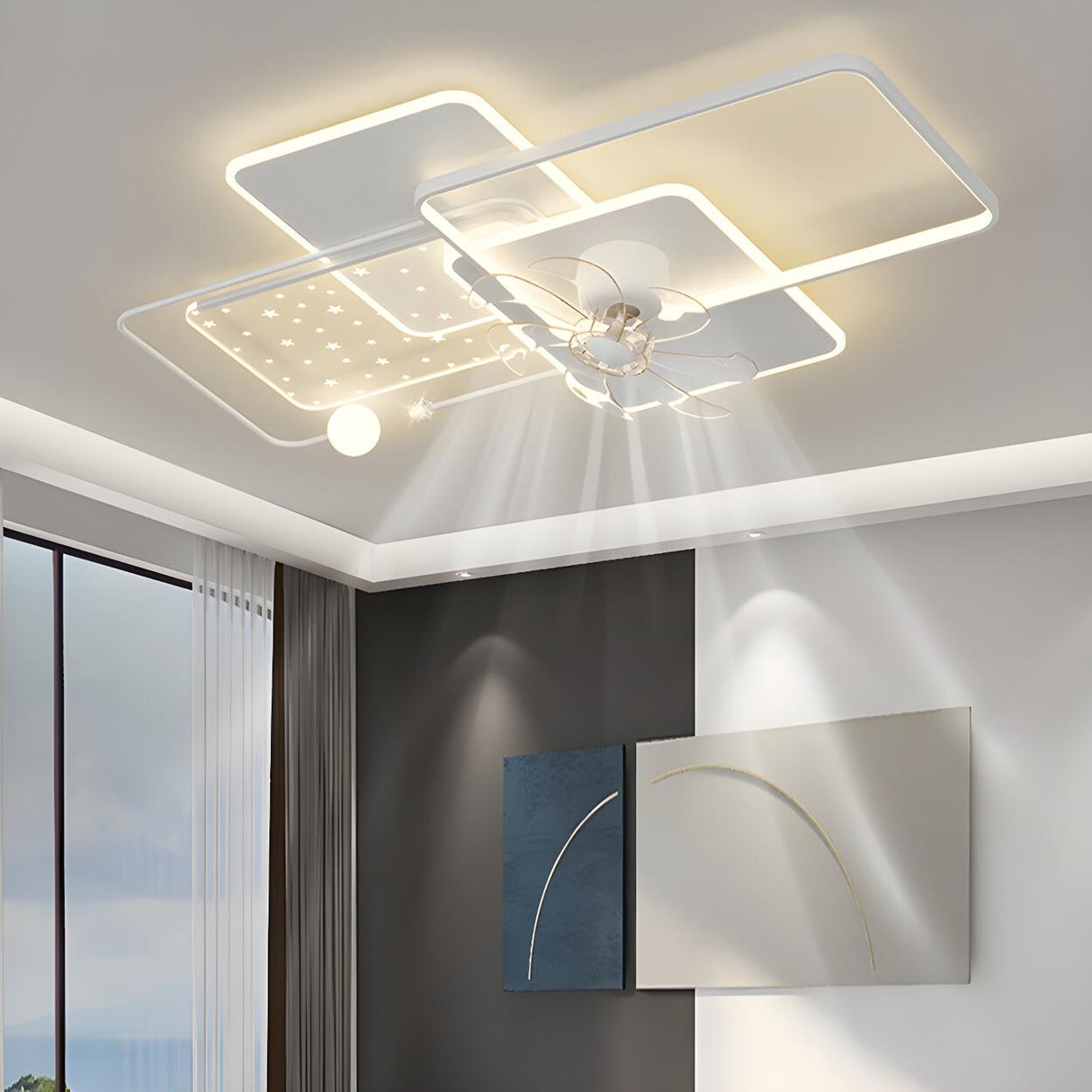 Artistic White Geometric Modern Ceiling Fan with Lights Image - 1