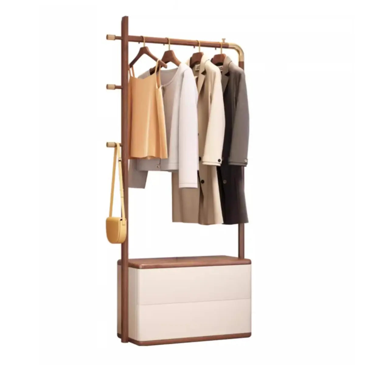 Ash Wood Freestanding Storage Hooks Drawers Coat Rack Image - 10