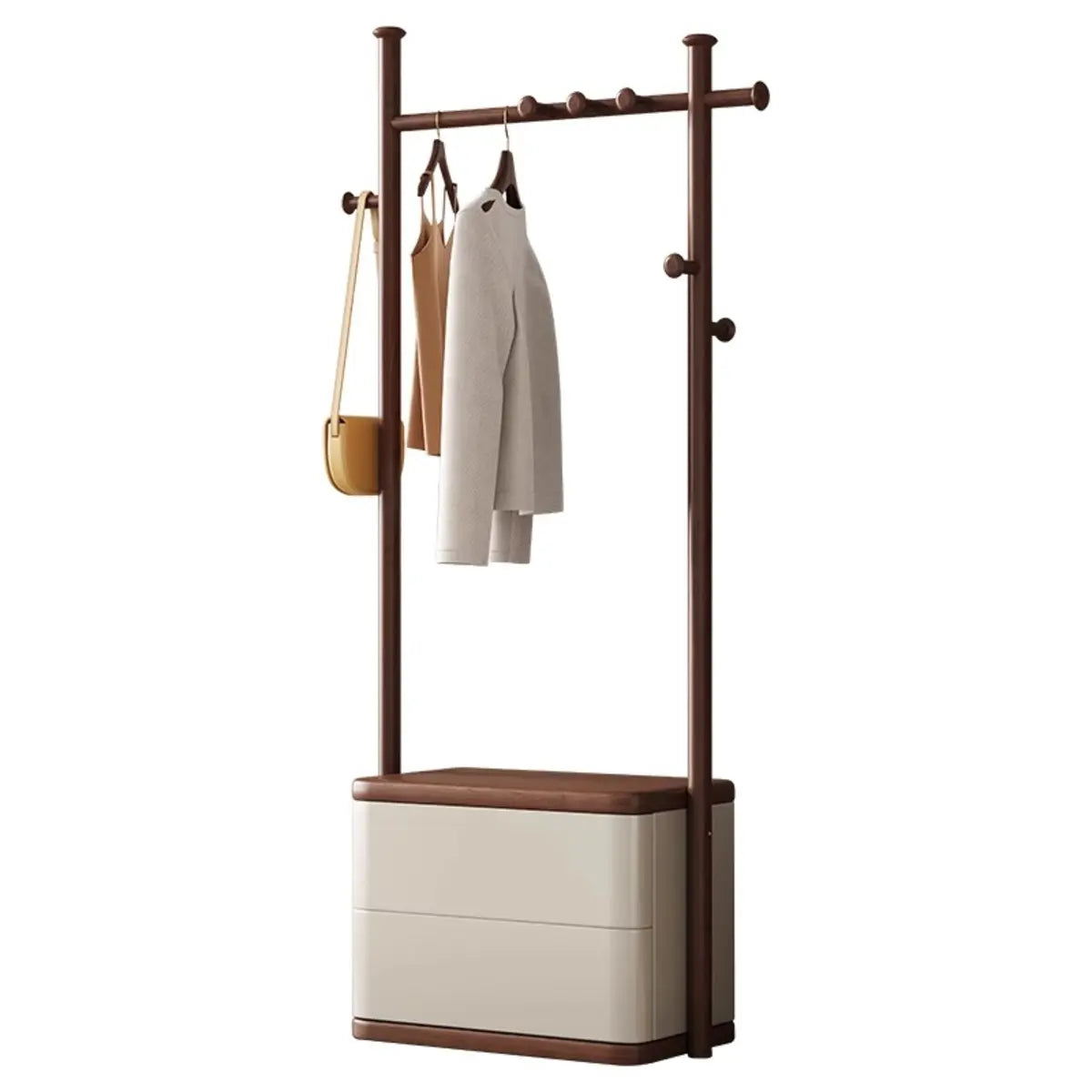 Ash Wood Freestanding Storage Hooks Drawers Coat Rack Image - 8