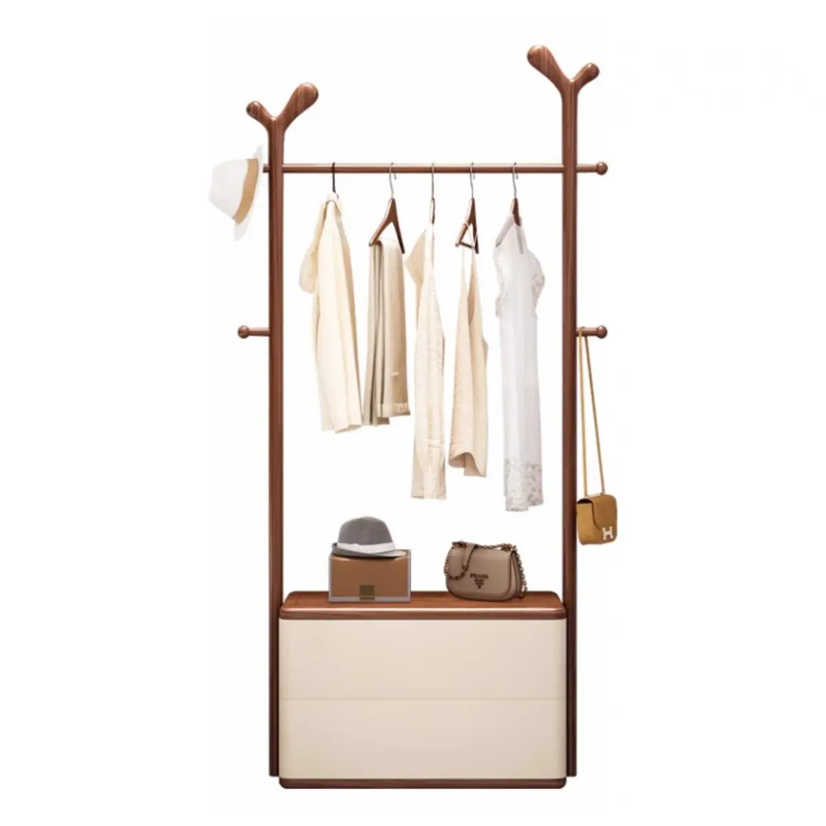 Ash Wooden Standing Hooks Coat Rack with Storage Drawers Image - 10