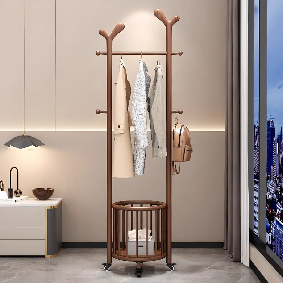 Ash Wooden Standing Hooks Coat Rack with Storage Drawers Image - 5