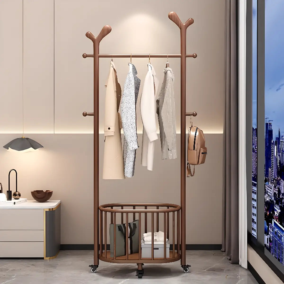 Ash Wooden Standing Hooks Coat Rack with Storage Drawers Image - 7