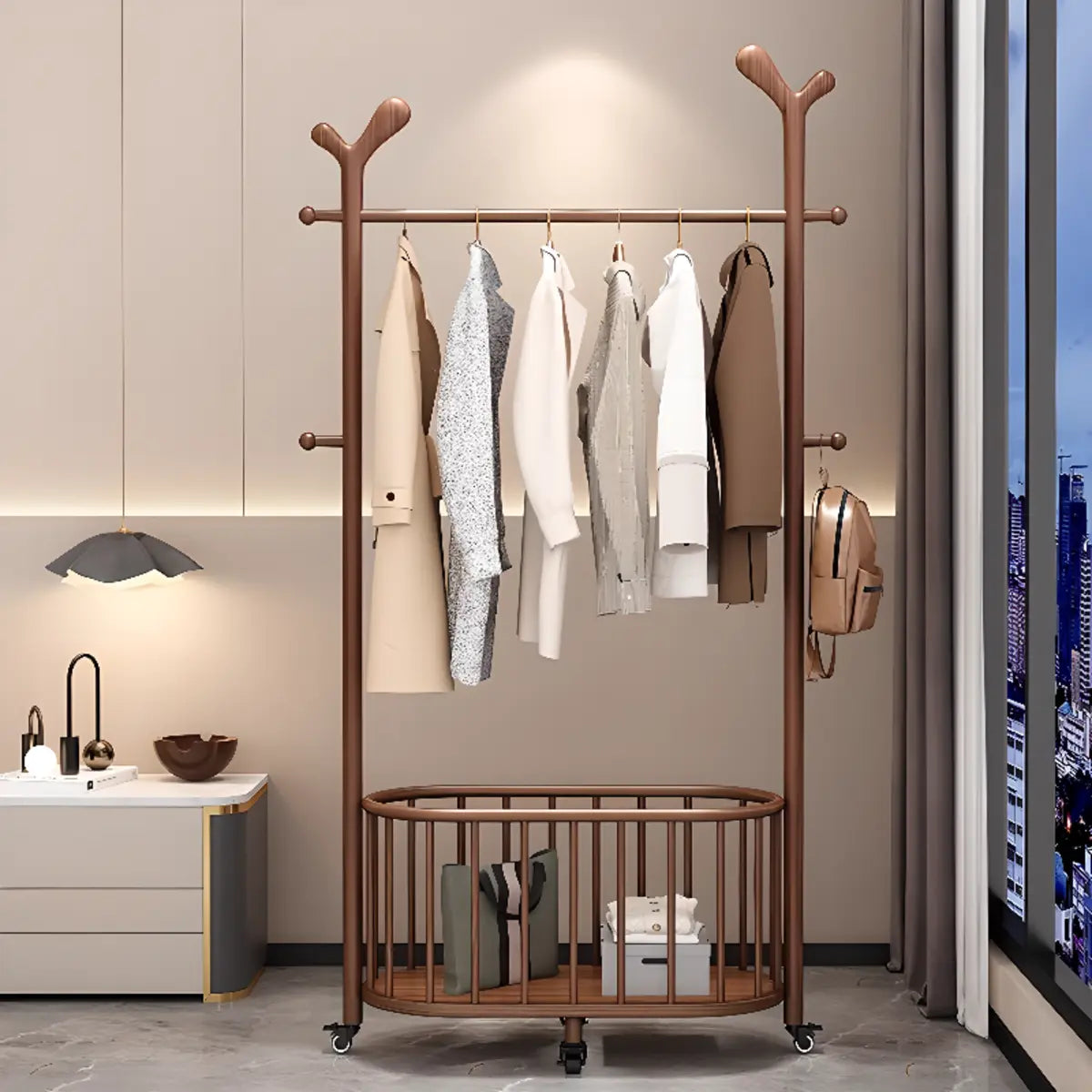 Ash Wooden Standing Hooks Coat Rack with Storage Drawers Image - 9