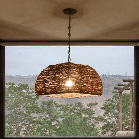 Asian Drum Rattan Pendant Light Adjustable Height Image - 1