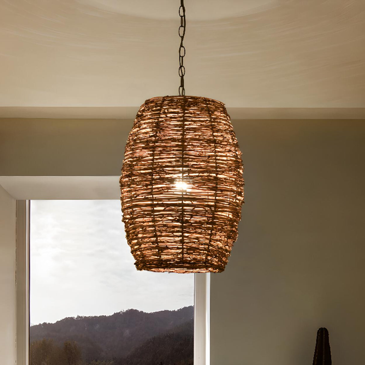 Asian Drum Rattan Pendant Light Adjustable Height Image - 20