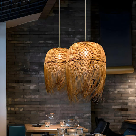 Asian Natural Bamboo Woven Fringe Restaurant Pendant Light Image - 1