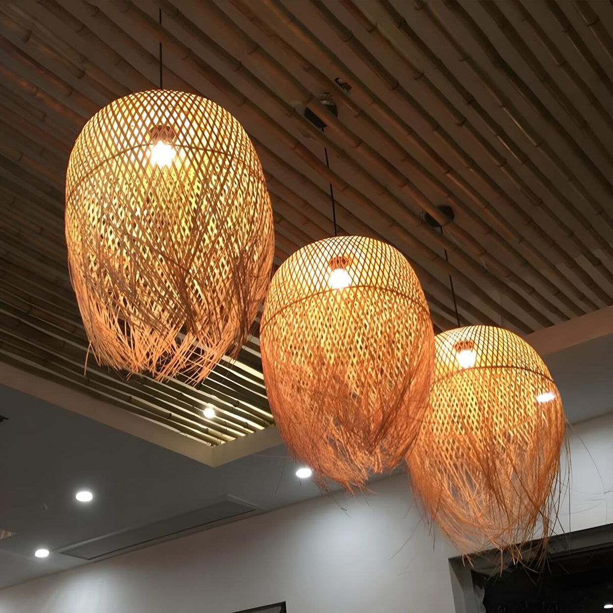 Asian Natural Bamboo Woven Fringe Restaurant Pendant Light Image - 6