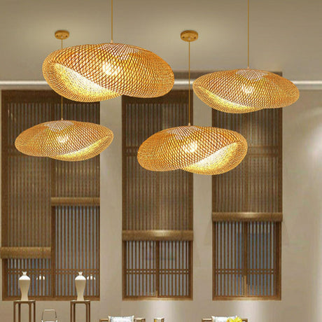 Asian Natural Woven Bamboo Oval Wave Pendant Light Image - 1