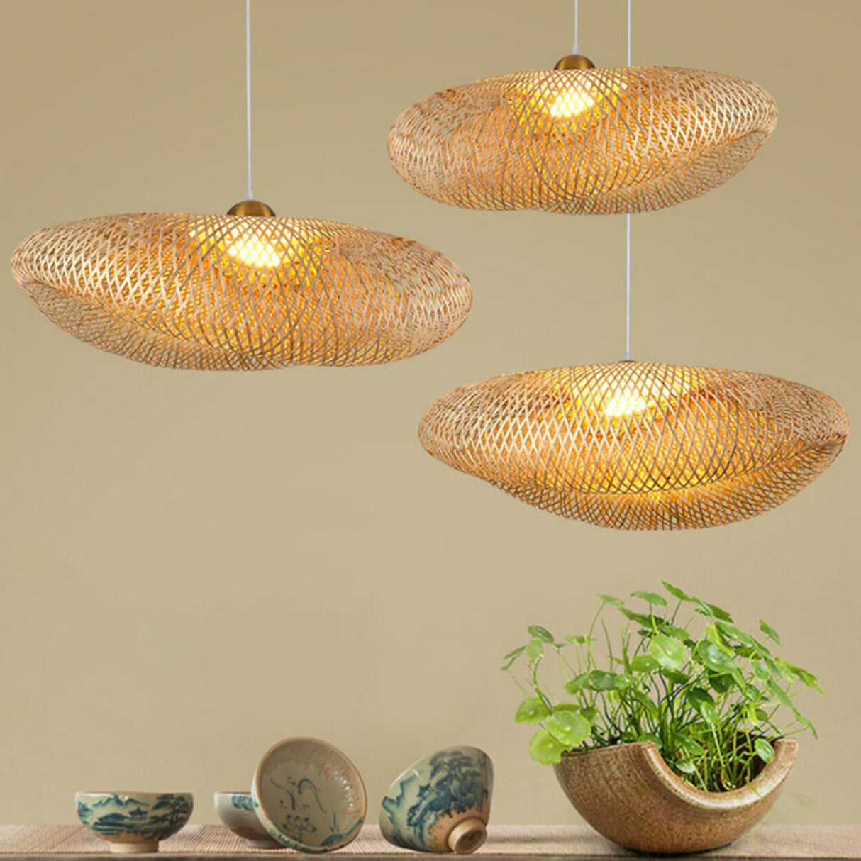 Asian Natural Woven Bamboo Oval Wave Pendant Light Image - 14