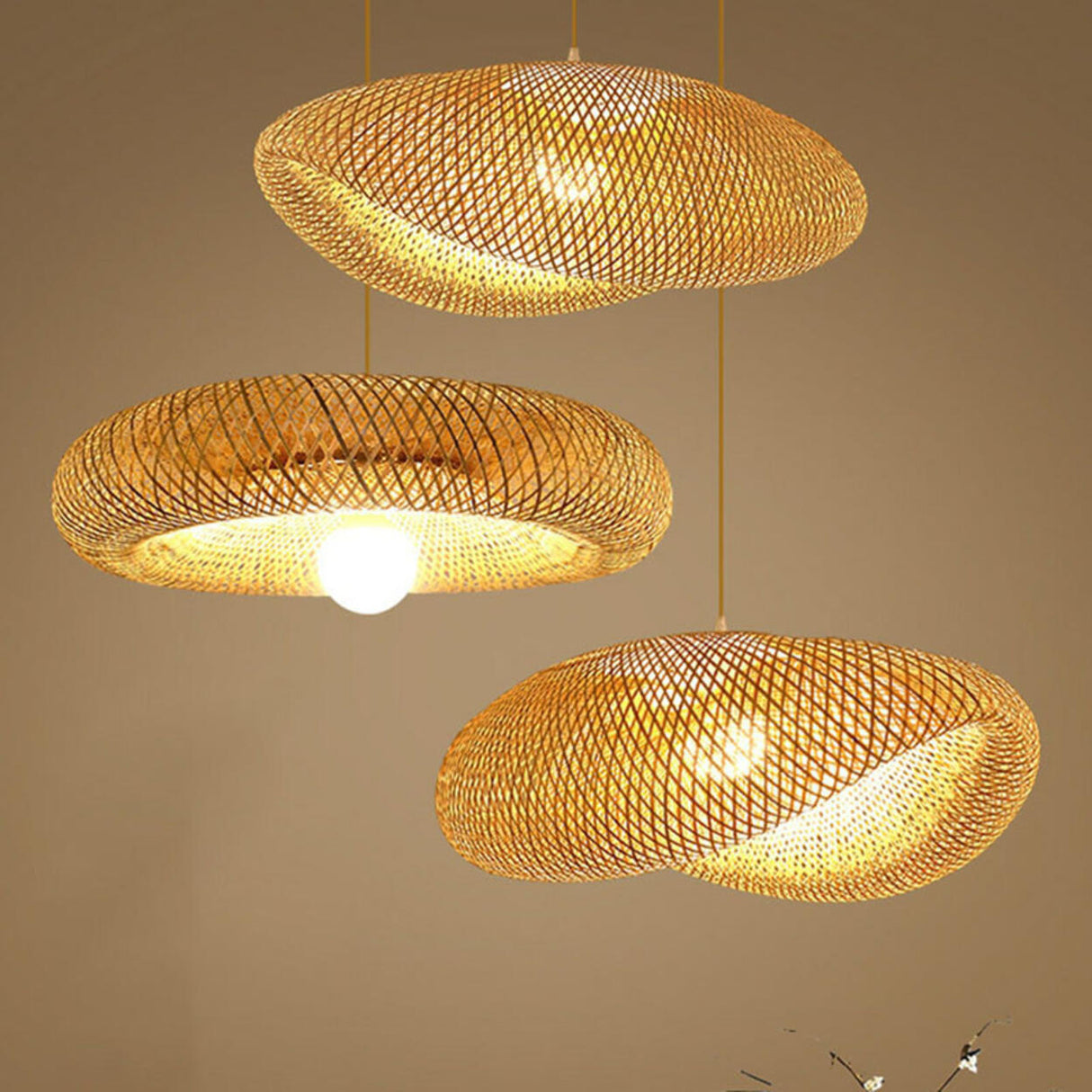 Asian Natural Woven Bamboo Oval Wave Pendant Light Image - 15