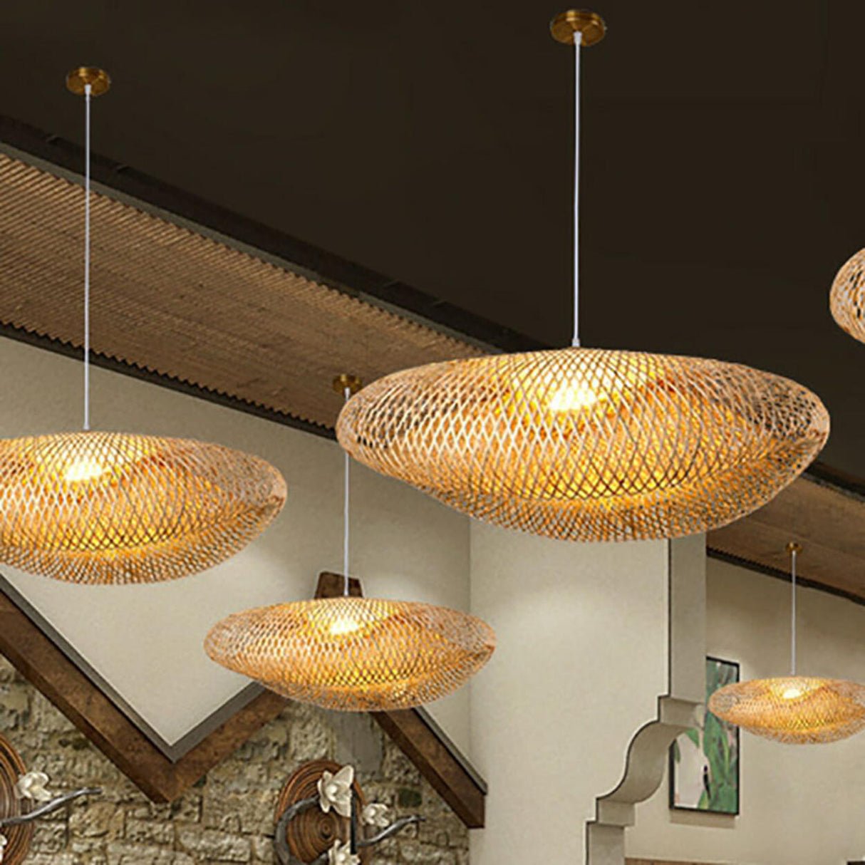 Asian Natural Woven Bamboo Oval Wave Pendant Light Image - 3