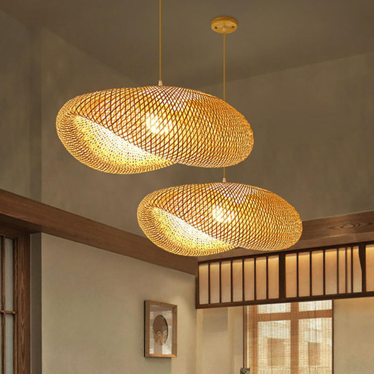 Asian Natural Woven Bamboo Oval Wave Pendant Light Image - 4