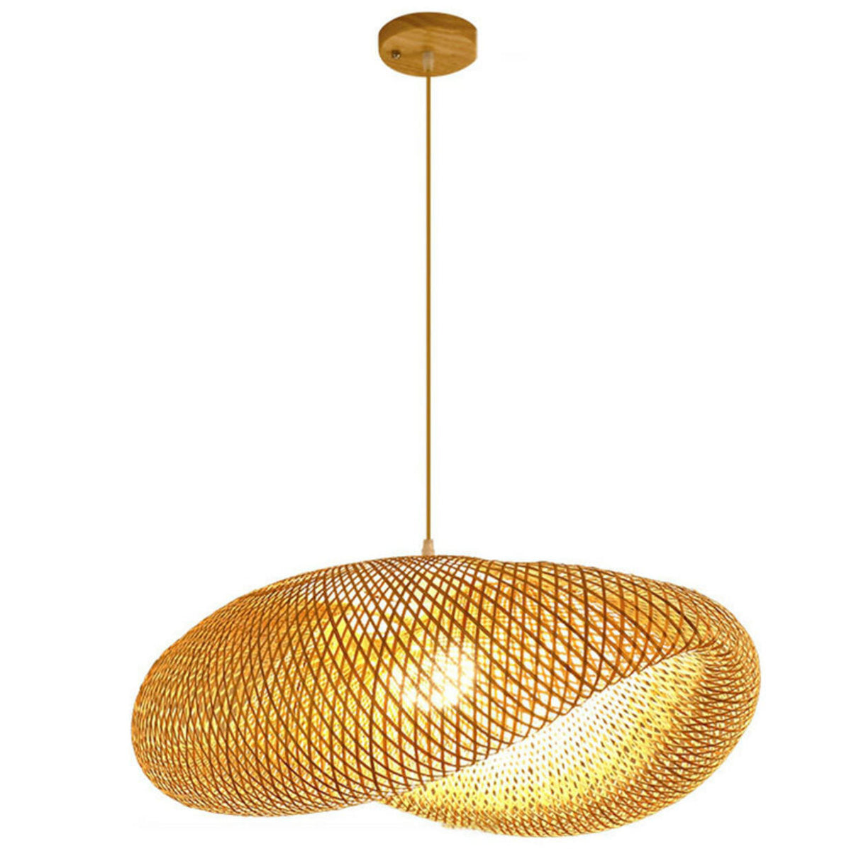 Asian Natural Woven Bamboo Oval Wave Pendant Light Image - 6