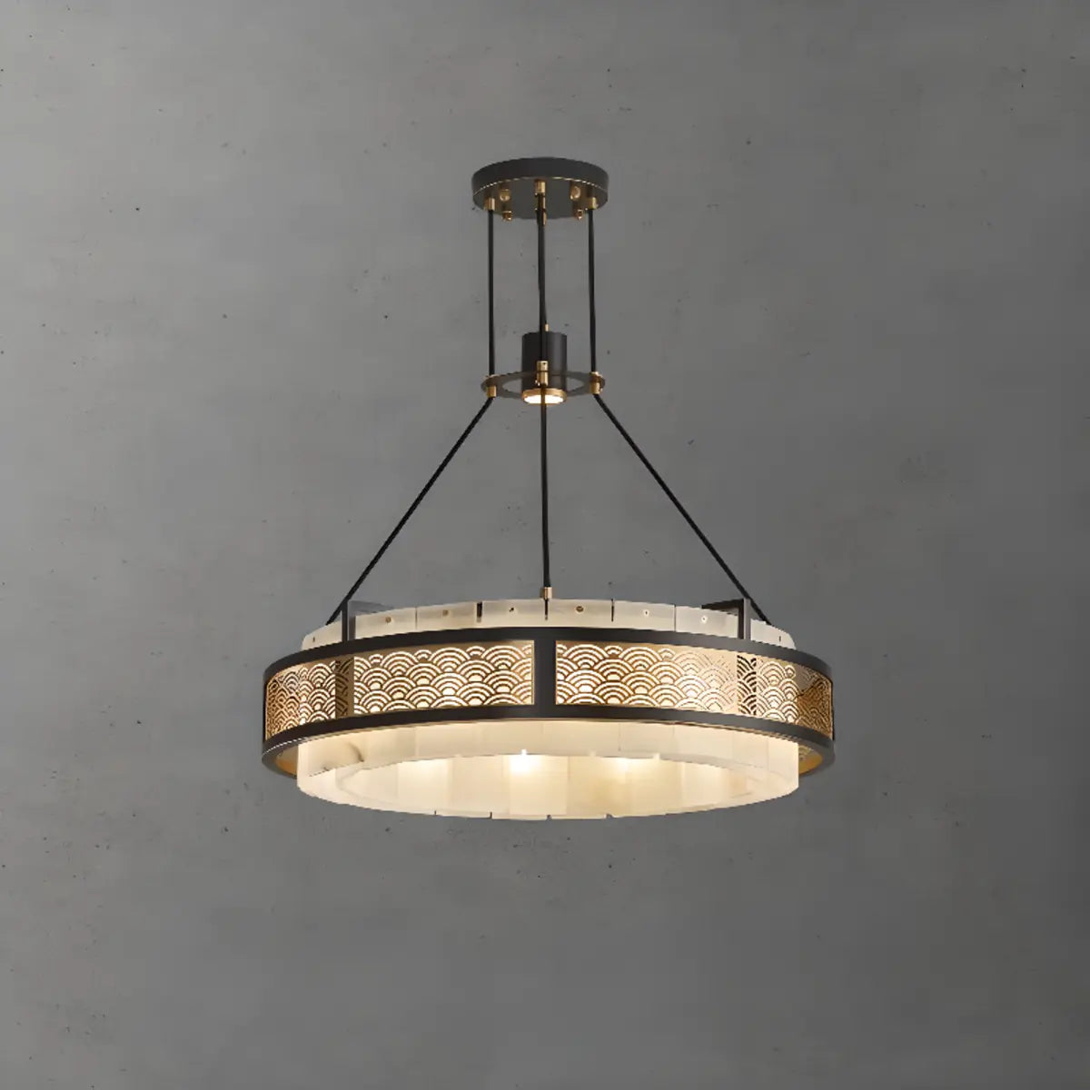 Asian Oriental Circular Alabaster Pendant Chandelier Image - 3