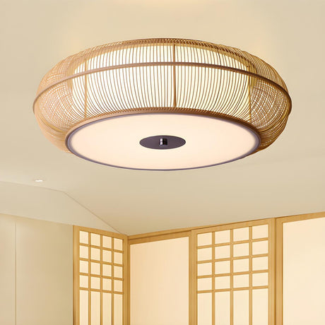 Asian Style Rattan Wood Drum Flush Mount Ceiling Light Image - 1