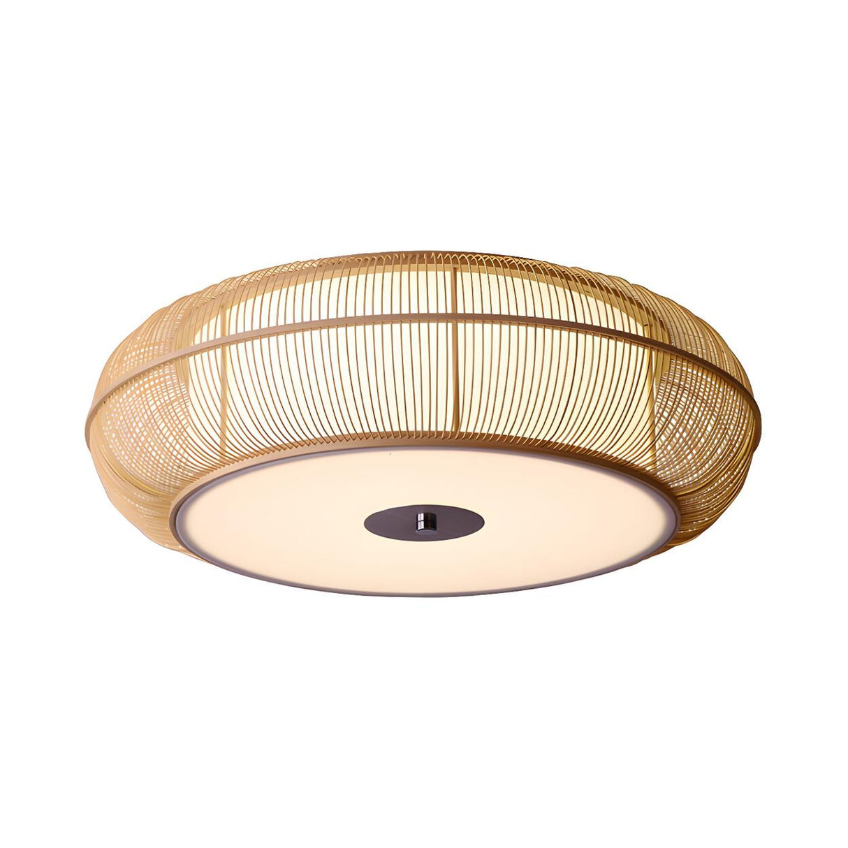 Asian Style Rattan Wood Drum Flush Mount Ceiling Light Image - 2