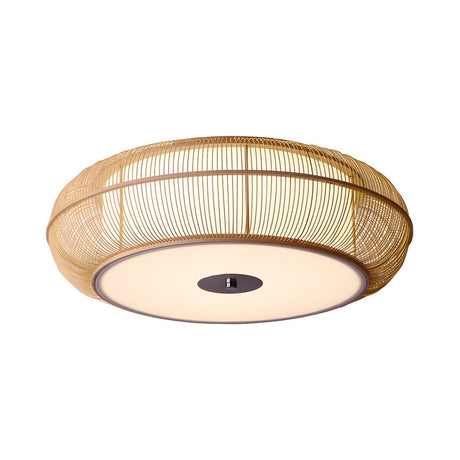 Asian Style Rattan Wood Drum Flush Mount Ceiling Light Image - 2