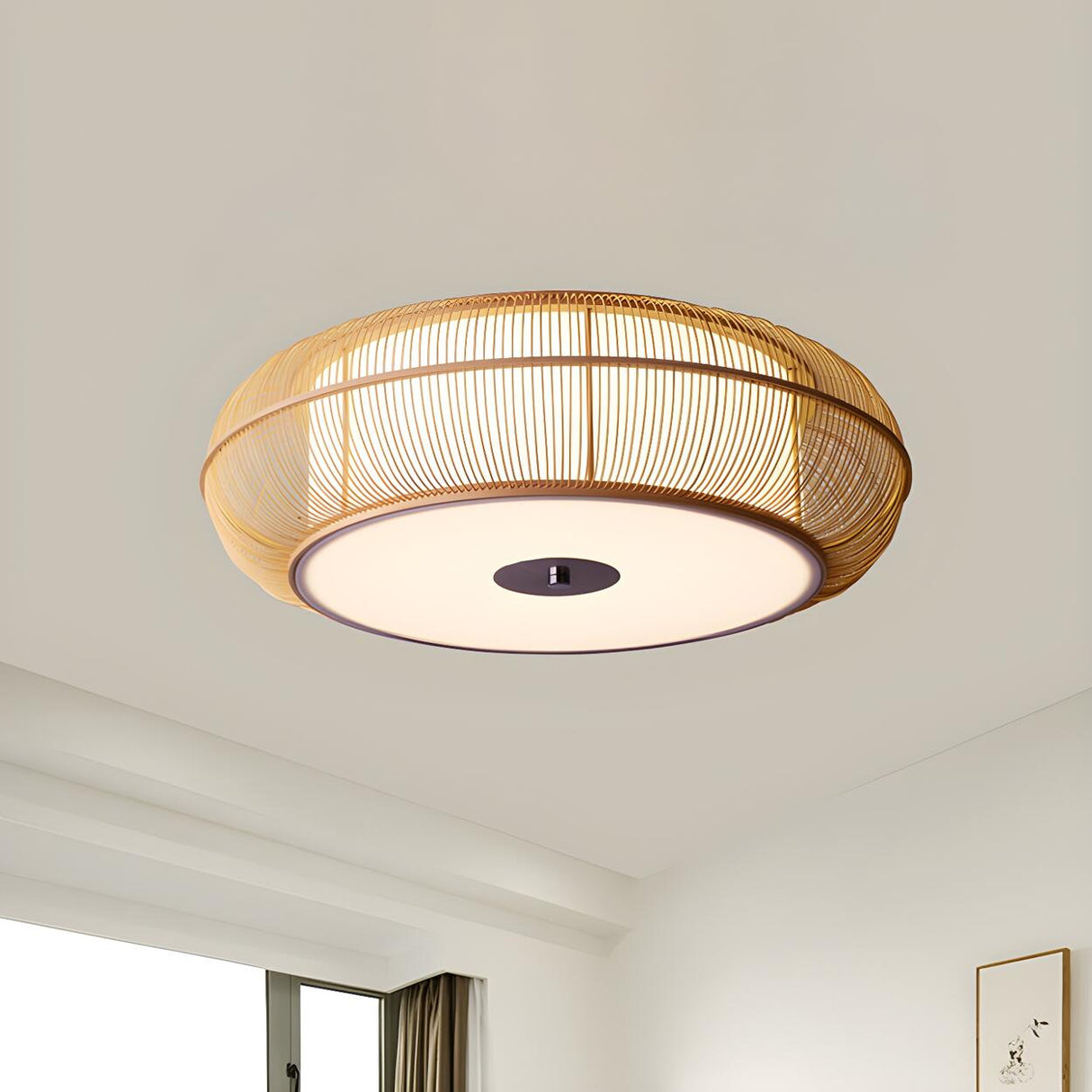 Asian Style Rattan Wood Drum Flush Mount Ceiling Light Image - 3