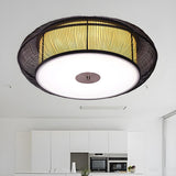 Asian Style Rattan Wood Drum Flush Mount Ceiling Light Image - 6