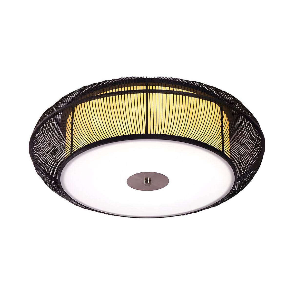 Asian Style Rattan Wood Drum Flush Mount Ceiling Light Image - 7