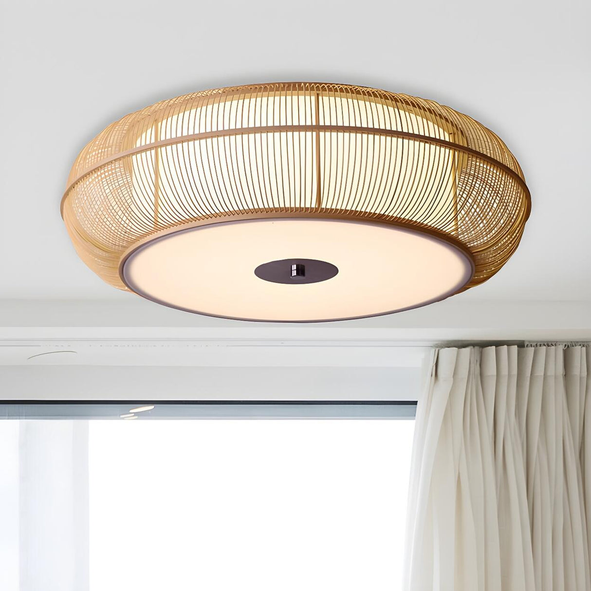 Asian Style Rattan Wood Drum Flush Mount Ceiling Light Image - 8