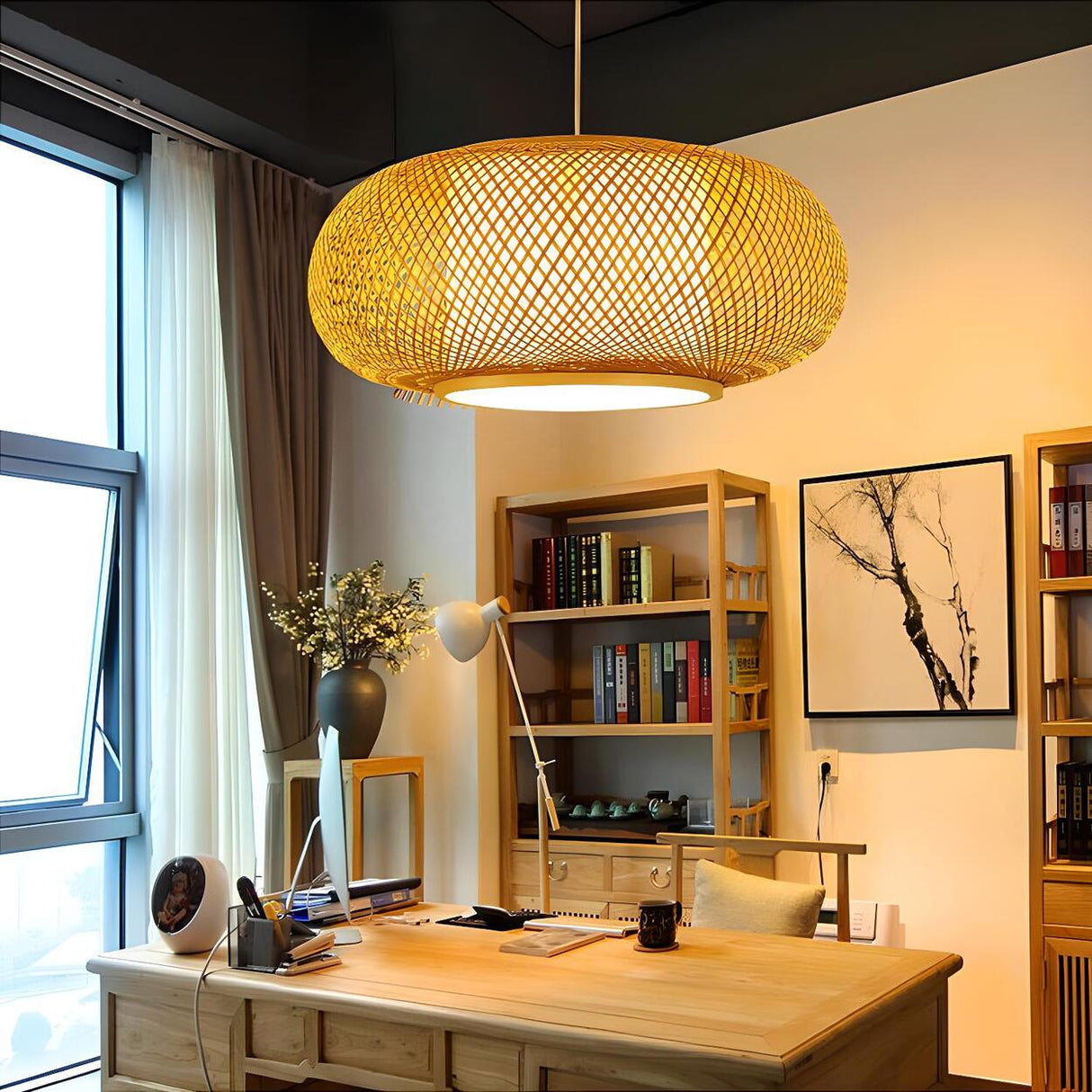 Asian Woven Bamboo Round Oval Restaurant Pendant Light Image - 1