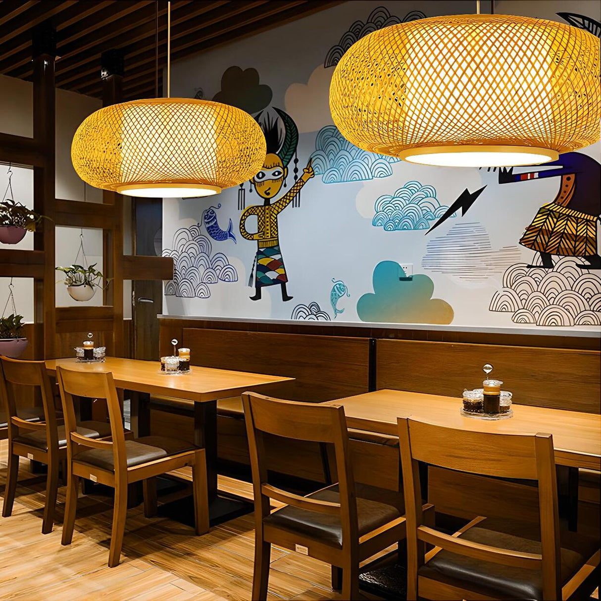 Asian Woven Bamboo Round Oval Restaurant Pendant Light Image - 3