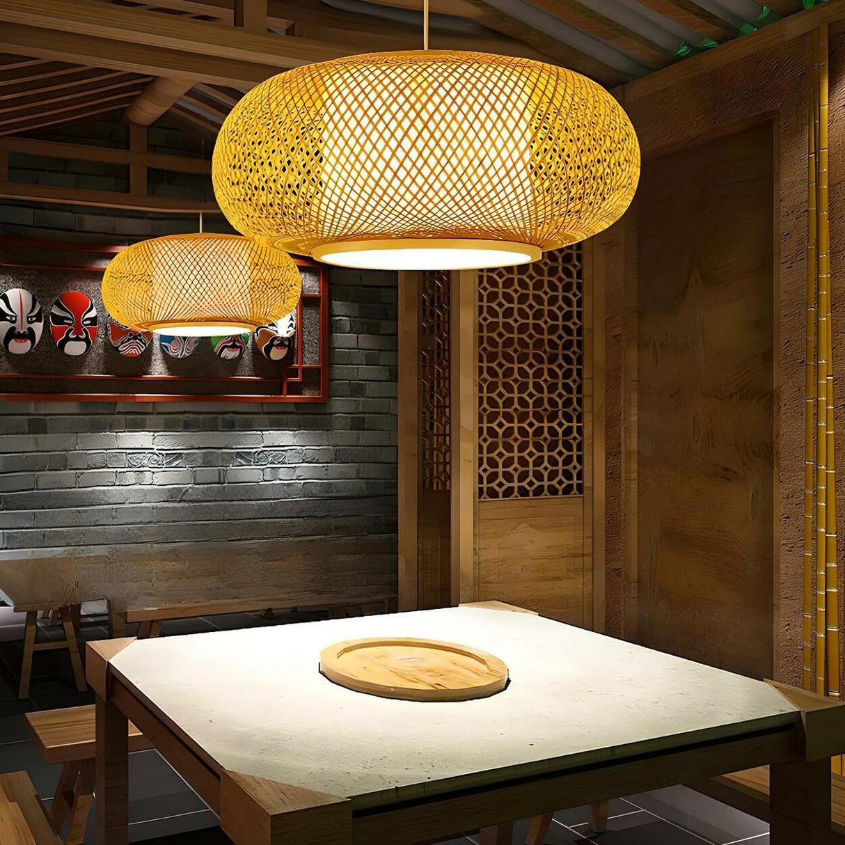 Asian Woven Bamboo Round Oval Restaurant Pendant Light Image - 4