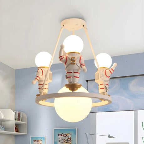 Astronaut Ball Resin Kids Room White 4-Light Chandelier Image - 1