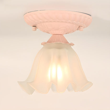 Balcony Pastoral Pink Flower Glass Flush Mount Light Image - 2