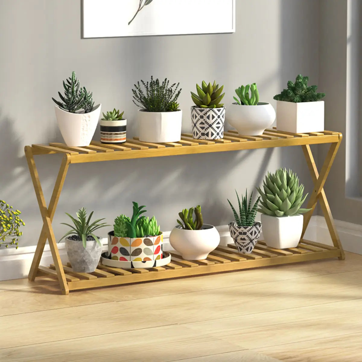 Bamboo 2 Tiers Rectangle Wood Small Crate Plant Stand Image - 1