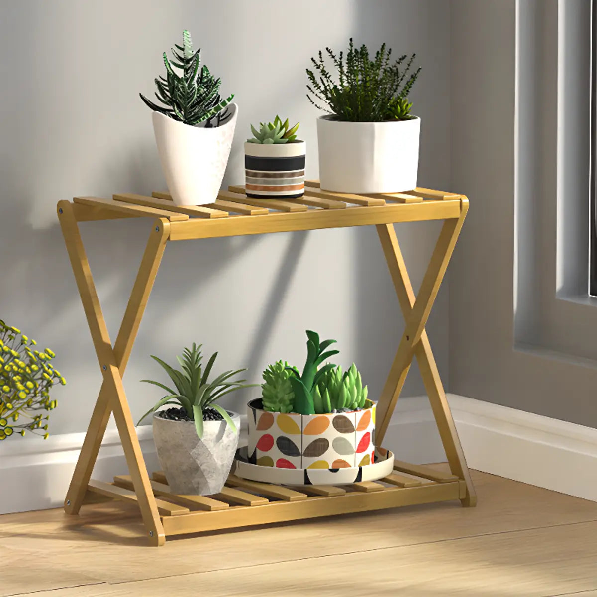 Bamboo 2 Tiers Rectangle Wood Small Crate Plant Stand Image - 11