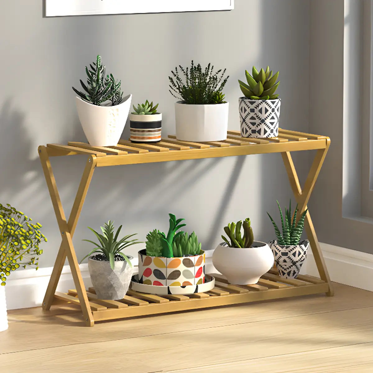 Bamboo 2 Tiers Rectangle Wood Small Crate Plant Stand Image - 7