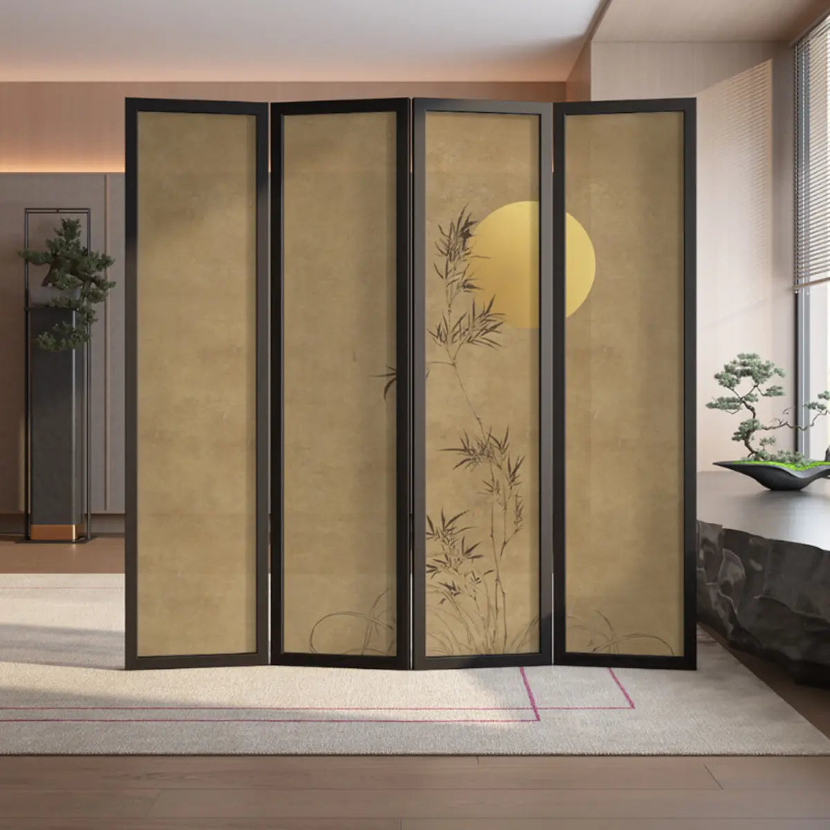 Bamboo and Moon Canvas Decorative Folding Room Divider Image - 2