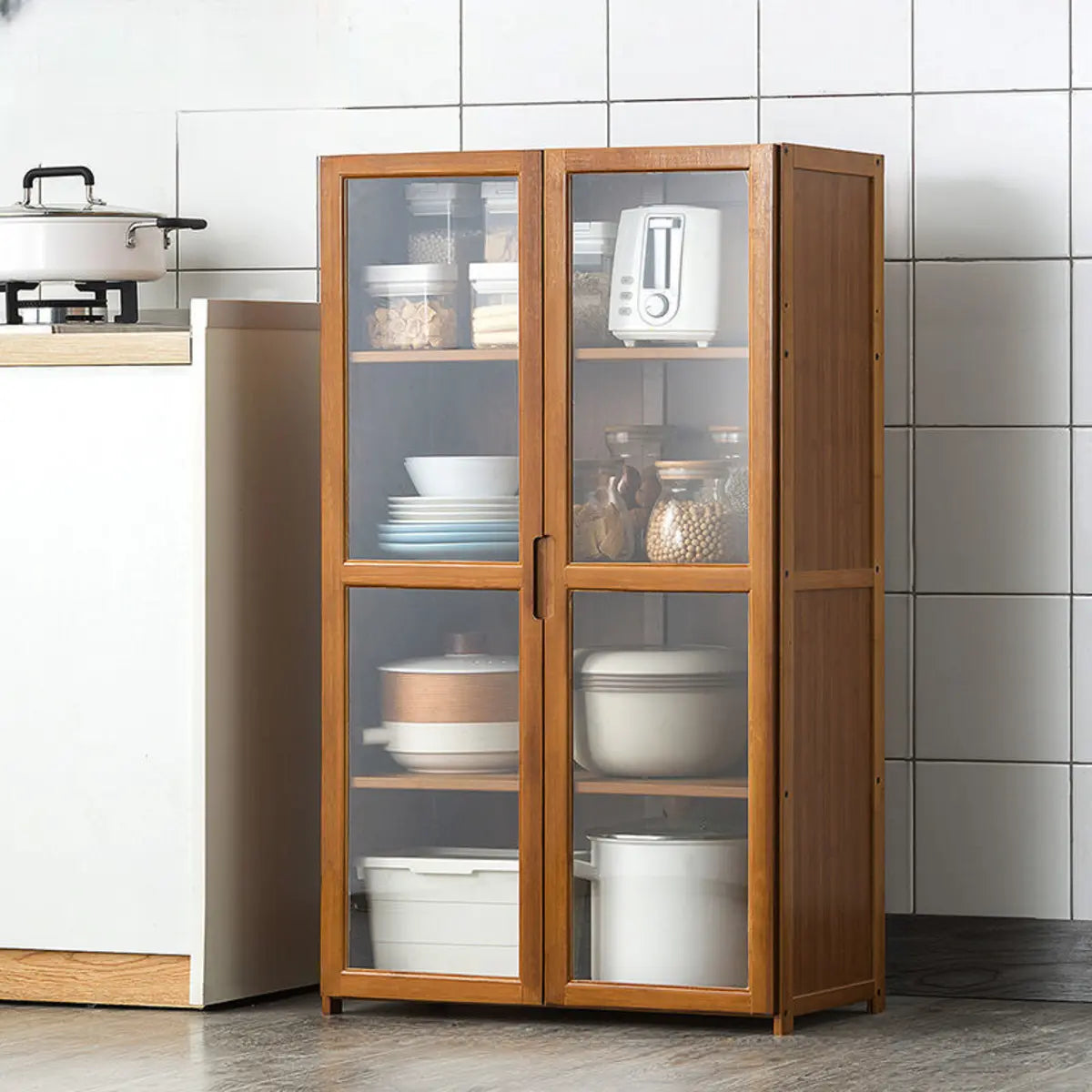 Bamboo Kitchen Hutch Brown 7 Shelves Tall China Cabinet Image - 14