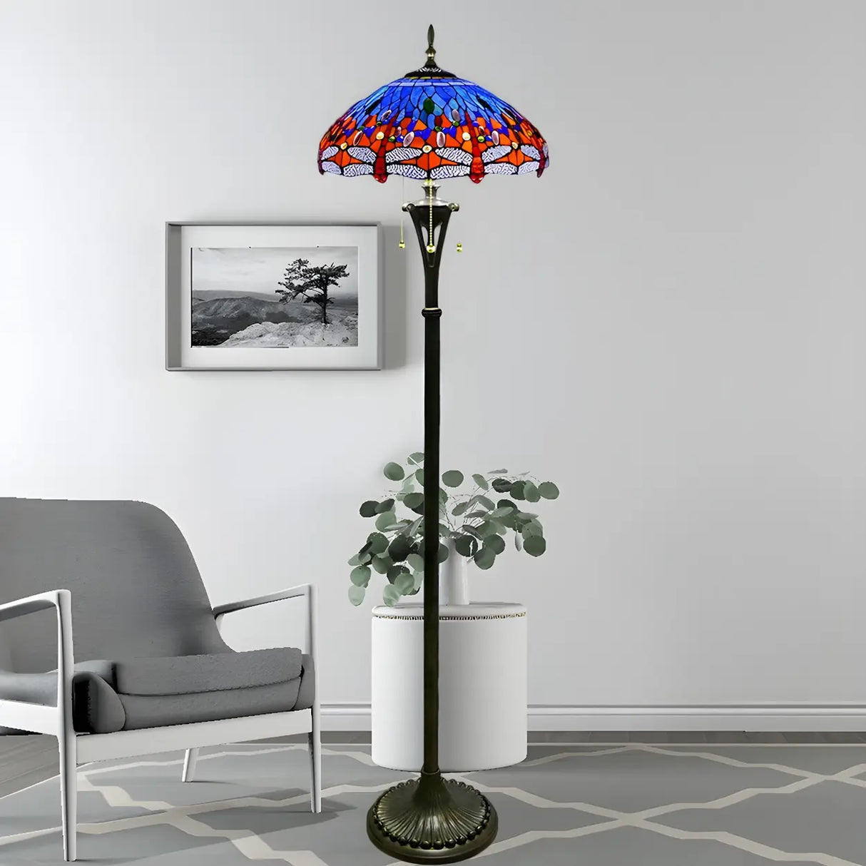 Baroque Dragonfly Stained Glass Yellow Metal Floor Lamp Image - 10