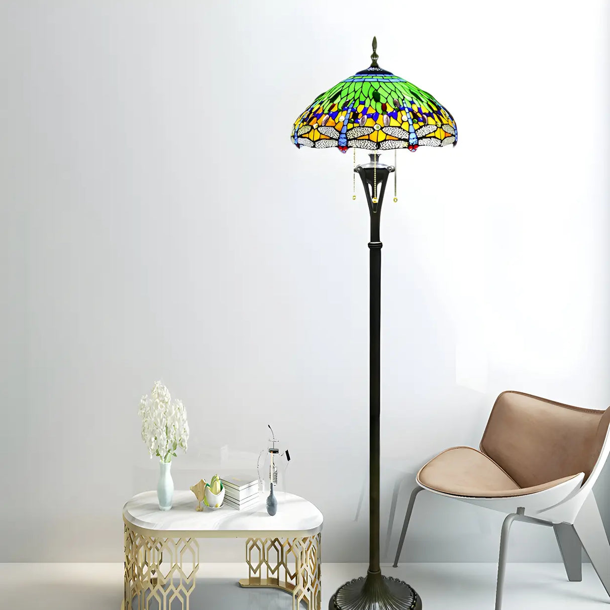 Baroque Dragonfly Stained Glass Yellow Metal Floor Lamp Image - 4