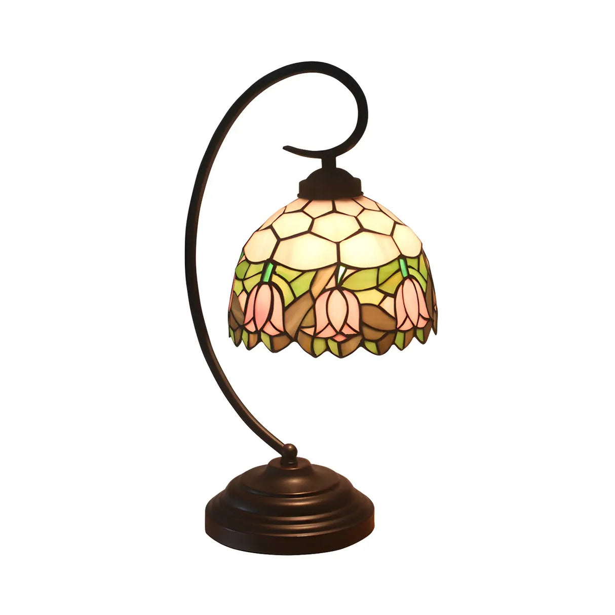 Baroque Metal Pink Floral Stained Glass Curvy Desk Lamp Image - 11