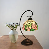 Baroque Metal Pink Floral Stained Glass Curvy Desk Lamp Image - 2