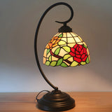 Baroque Metal Pink Floral Stained Glass Curvy Desk Lamp Image - 4