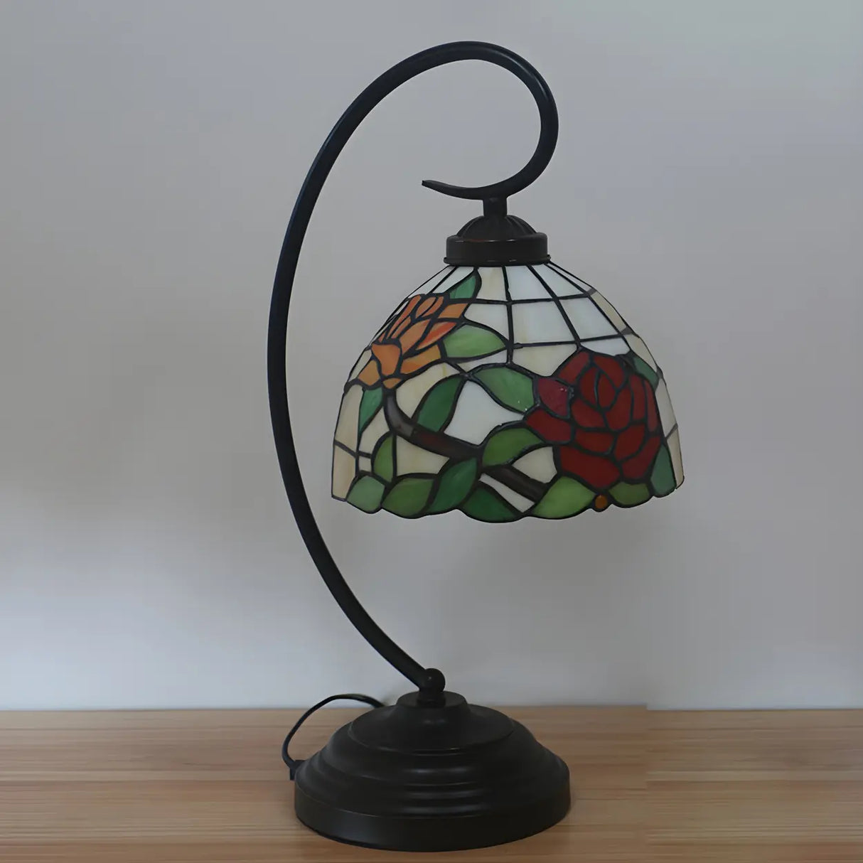 Baroque Metal Pink Floral Stained Glass Curvy Desk Lamp Image - 5