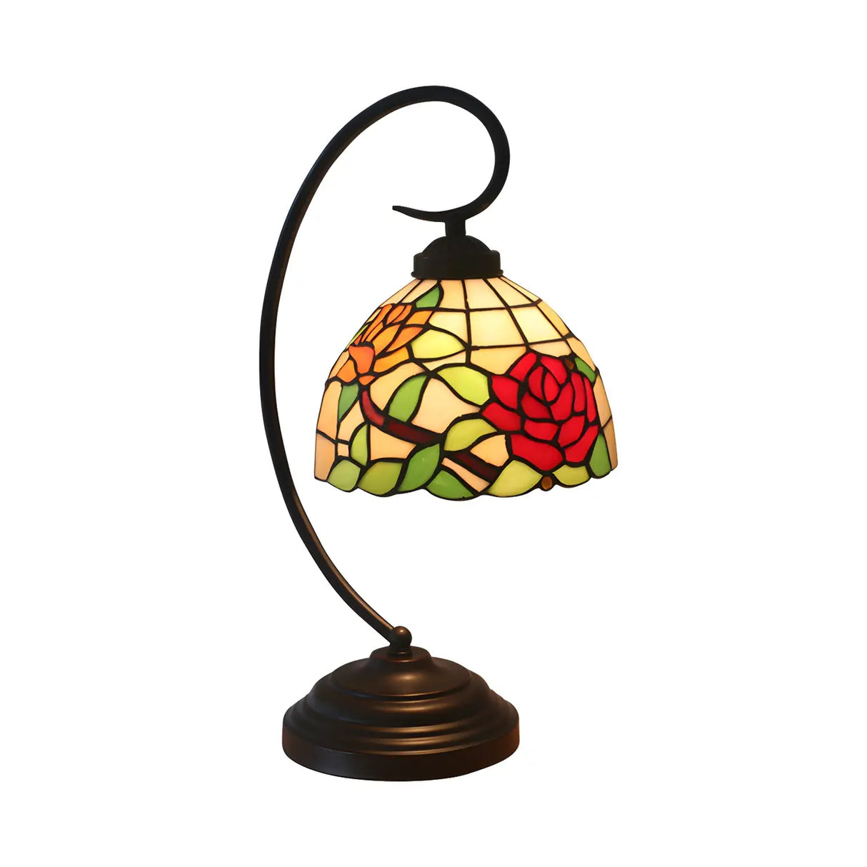 Baroque Metal Pink Floral Stained Glass Curvy Desk Lamp Image - 7