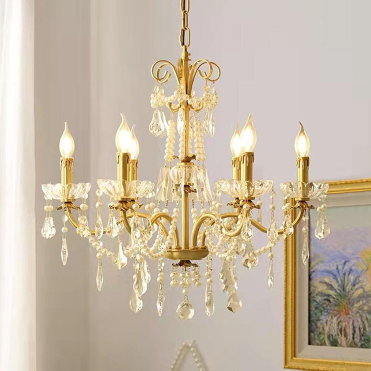 Baroque Vintage Brass Pearl Crystal Candelabra Chandelier Image - 1