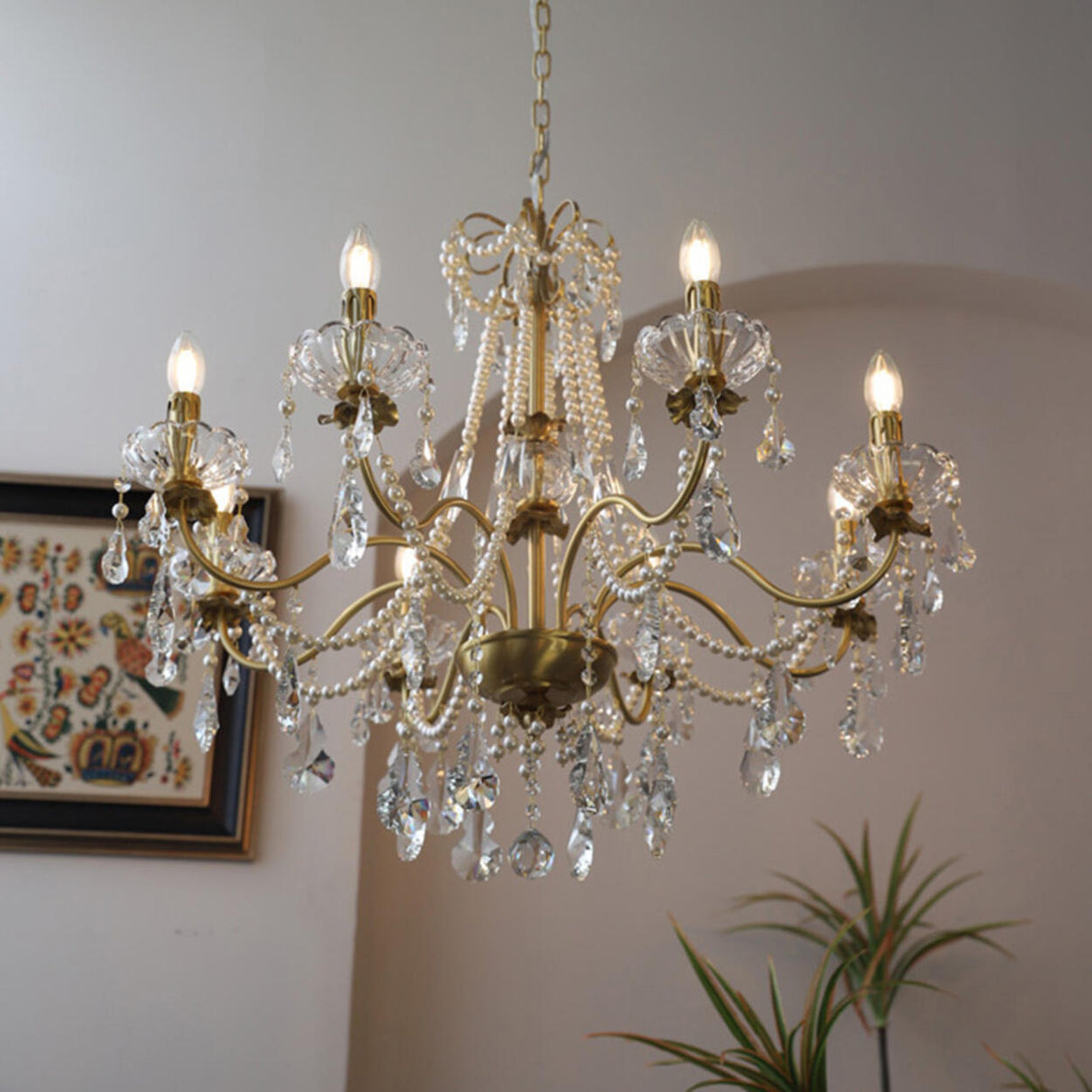 Baroque Vintage Brass Pearl Crystal Candelabra Chandelier Image - 11