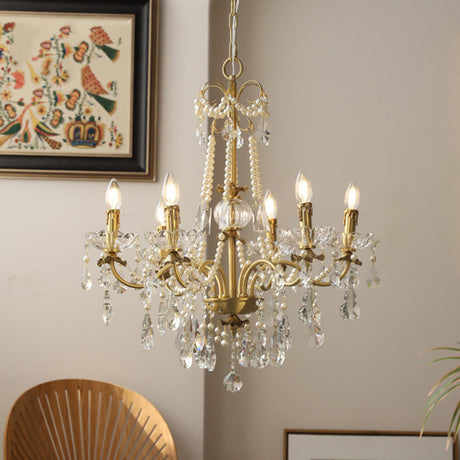 Baroque Vintage Brass Pearl Crystal Candelabra Chandelier Image - 2