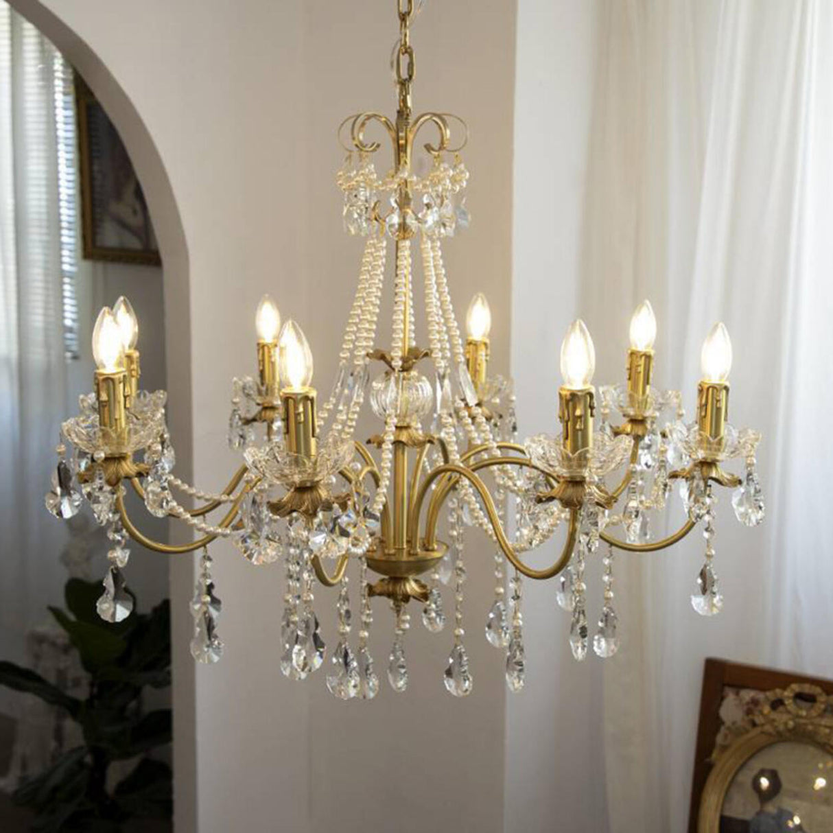 Baroque Vintage Brass Pearl Crystal Candelabra Chandelier Image - 4