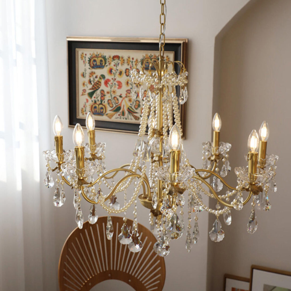 Baroque Vintage Brass Pearl Crystal Candelabra Chandelier Image - 5